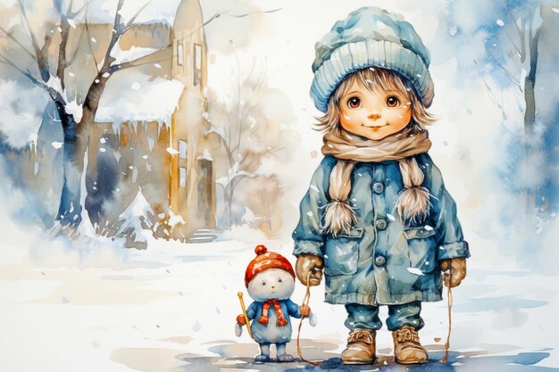 Słodki chłopczyk w ciepłych zimowych ubraniach spaceruje po zaśnieżonych ulicach
