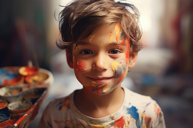 Słodki chłopiec bawi się farbami.