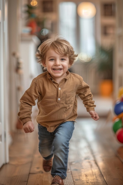 Słodki chłopiec biega i bawi się wzdłuż korytarza przytulnego domu za zabawkową piłką Koncepcja dzieciństwa