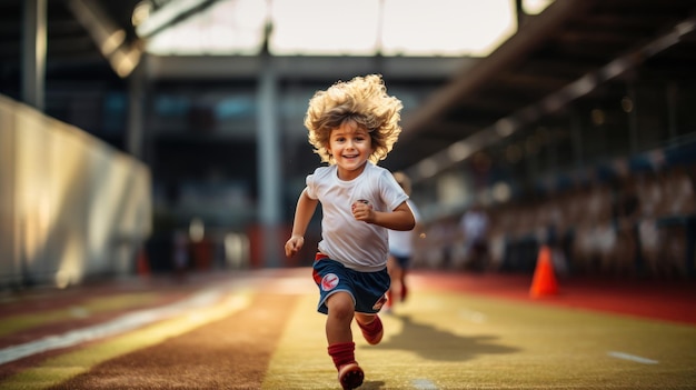 Słodki chłopiec biegający na stadionie Sport zdrowy styl życia dzieci koncepcja