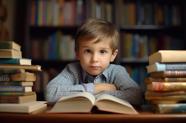 Słodki chłopiec czyta książkę w bibliotece przy stole.