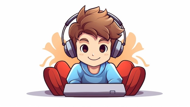 Zdjęcie słodki chłopiec grający w grę na kanapie z słuchawkami rysunki wektorowe ilustracja ludzi technologia