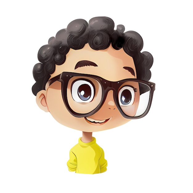 Słodki chłopiec z kreskówek uśmiechający się w okularach i żółtej koszuli AI