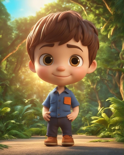 Zdjęcie słodki chłopiec z kreskówki 3d stojący odizolowany na niewyraźnym tle dżungli