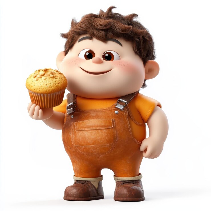 Zdjęcie słodki chłopiec z kreskówki trzymający muffin