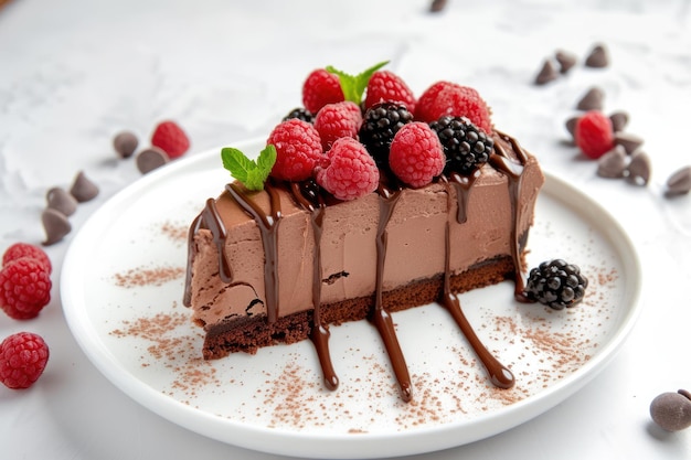 Słodki ciasto czekoladowe podawane na białym stole