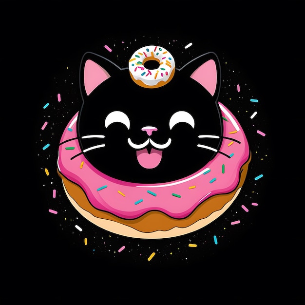 Zdjęcie słodki czarny kot pojawia się z kreskówki donut