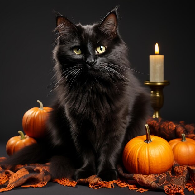Zdjęcie słodki czarny kot rysunkowy siedzący na dyni halloween z przerażającą twarzą i małą myszką ukrywającą się w t