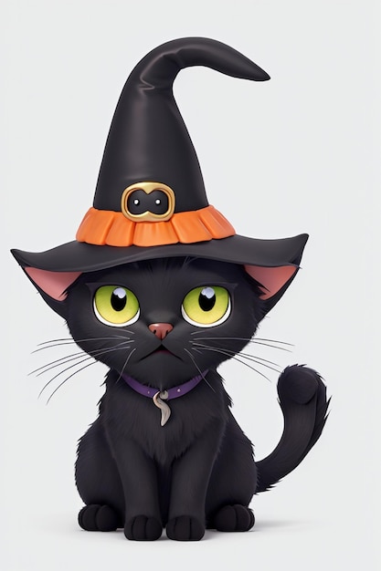 Słodki czarny kot w halloweenowym kostiumie czarownicy 3D w stylu artystycznym 2