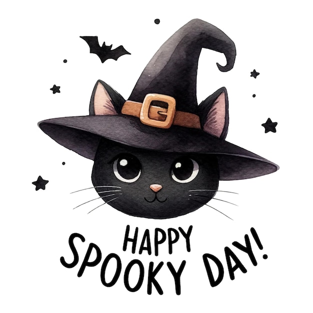 Słodki czarny kot w kapeluszu wiedźmy otoczony gwiazdami i nietoperzami życzący cytatu Szczęśliwego Upiornego Dnia