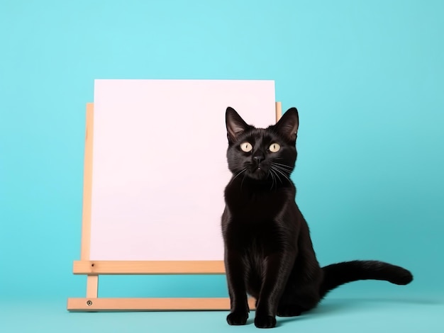 Słodki czarny kot z pustą tablicą na odizolowanym niebieskim tle koloru figlarny i uroczy zwierzak generatywny ai