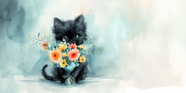 Słodki czarny kotek trzyma bukiet kwiatów na niebieskim tle miejsce do tekstu ilustracja akwarelowa koncepcja reklamowania produktów dla zwierząt domowych kart powitalnych i uroczystych dekoracji