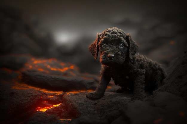 Słodki czarny labrador siedzi na ognistej ziemi pod nocnym niebem Generacyjna sztuczna inteligencja
