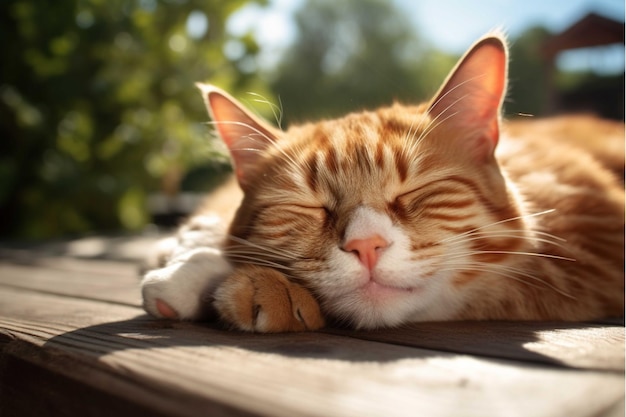Słodki czerwony kot śpi na drewnianym stole na słońcu.