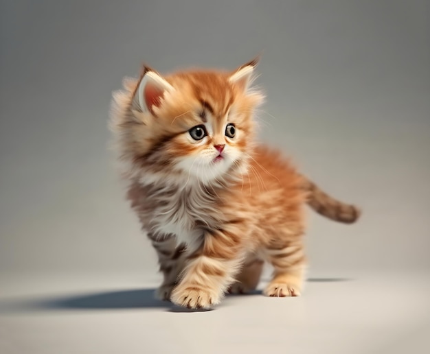 Słodki czerwony puszysty kotek na szarym tle z generowaną sztuczną inteligencją miejsca na kopię