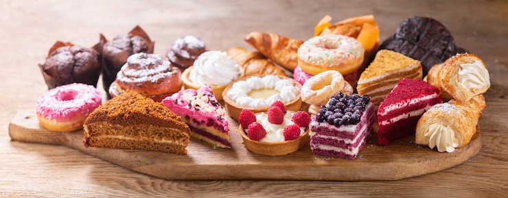 Zdjęcie słodki deser różne kawałki ciast muffiny pączki i ciasteczka