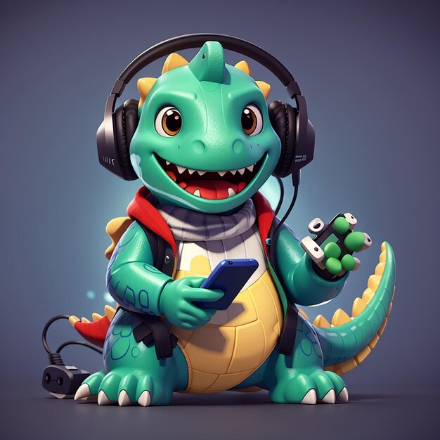 Słodki dinozaur grający w grę z kontrolerem i słuchawkami animowana ikona wektorowa ilustracja zwierzę