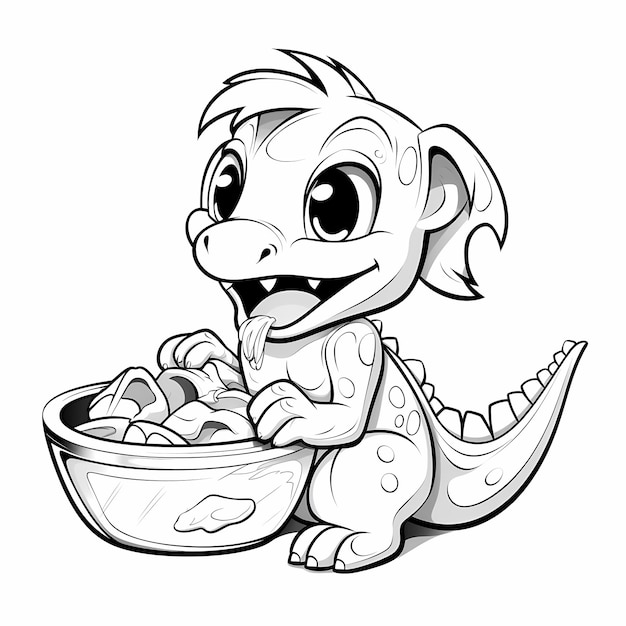 Słodki dinozaur jedzący spaghetti kolorystyczny styl czarno-biały
