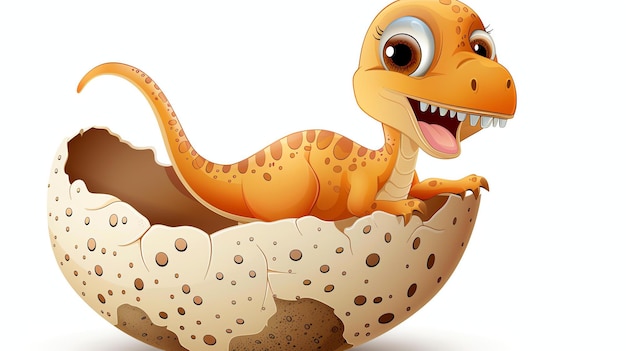 Słodki dinozaur z kreskówki wykluwający się z jajka Dinozaur jest pomarańczowy i ma duże oczy Uśmiecha się i wygląda na podekscytowanego Jajko jest brązowe i ma plamy