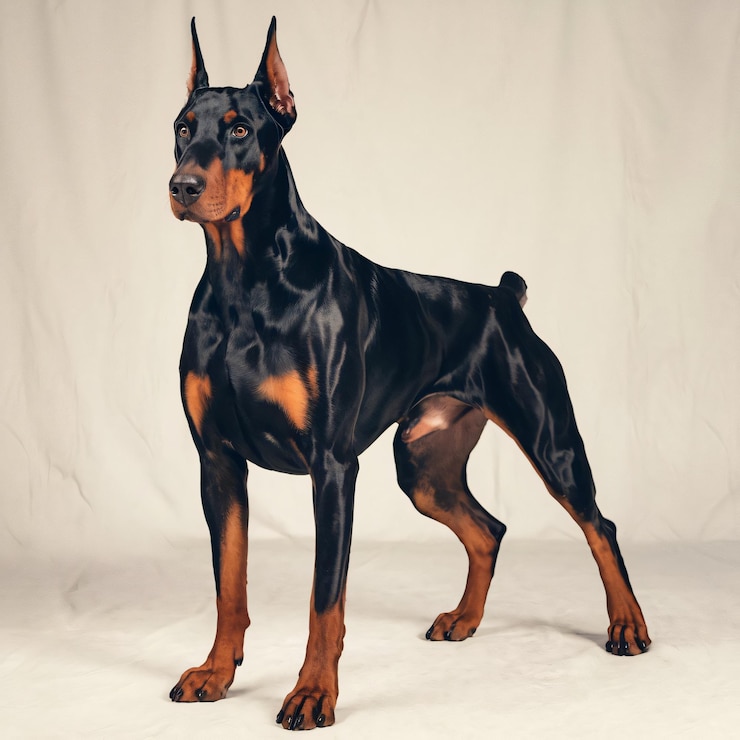 Zdjęcie słodki doberman pinscher siedzący z intensywnym wyglądem