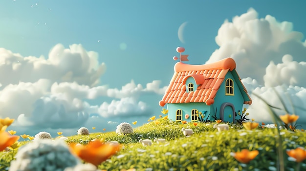 Słodki dom z kreskówek stoi na szczycie wzgórza z widokiem na bujne zielone pole, niebo jest jasno niebieskie, a słońce świeci jasno.