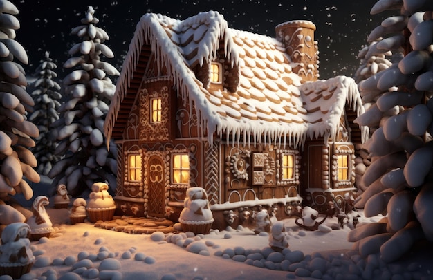 Słodki dom z piernika ze śnieżnym zdjęciem Bożego Narodzenia
