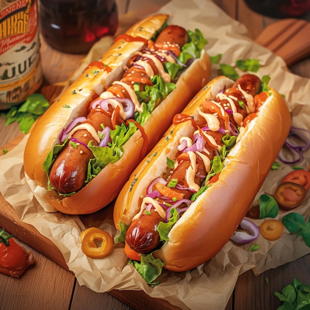 Słodki domowy hot dog z warzywami z sałatką na drewnie dla mediów społecznościowych