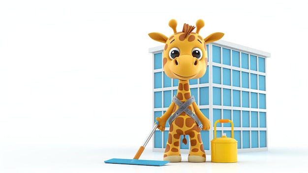 Słodki dozorca z mopem i wiadro stojący obok dużego budynku biurowego Żirafa ma na sobie żółty kapelusz i niebieską kamizelkę