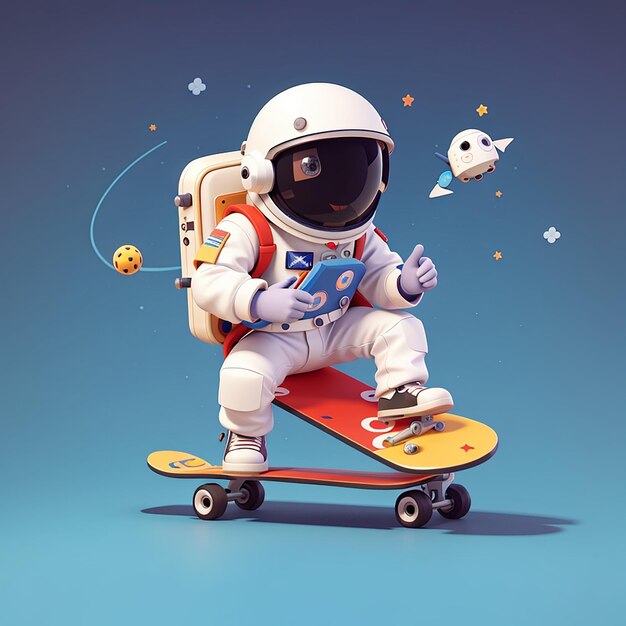 Słodki, fajny astronauta grający na deskorolce, ilustracja ikony wektorowej, nauka, sport, odizolowane mieszkanie.