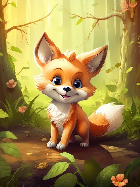 Słodki fox z kreskówki w letnim lesie