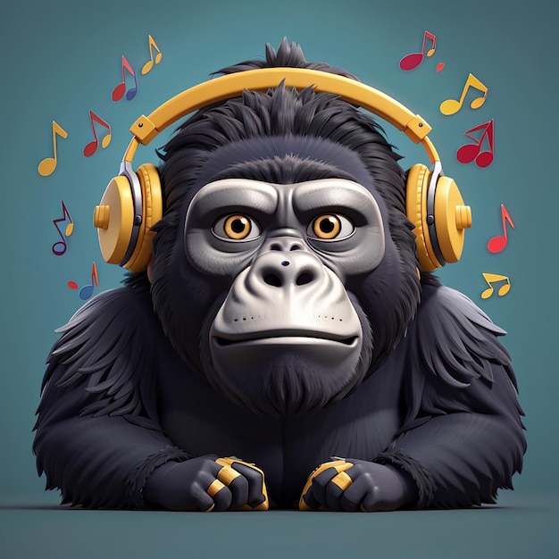Zdjęcie słodki goryl słucha muzyki z boombox cartoon vector icon illustration animal music isolated