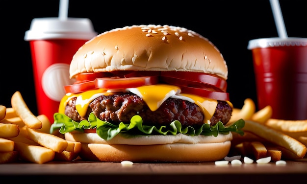 Zdjęcie słodki hamburger z wołowiny, grillowany hamburger, cheeseburger, frytki i napój.