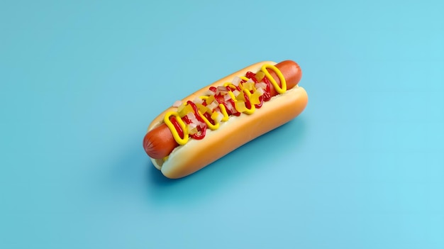 Słodki hot-dog z musztardą i smakiem na niebieskim tle