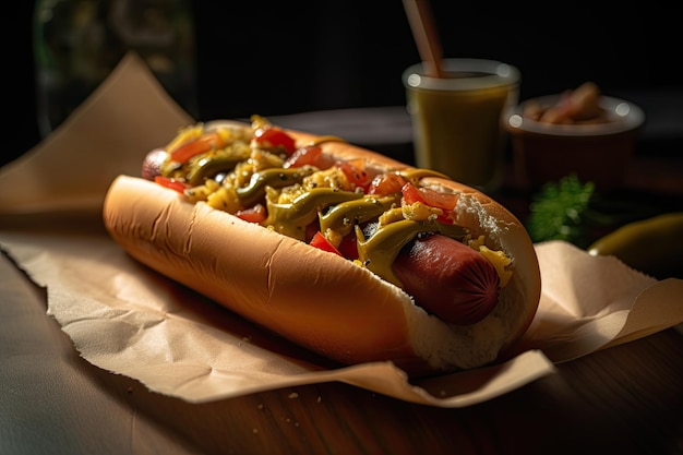 Słodki hot dog z soczystej kiełbaską i kolorowymi dodatkami generatywny IA