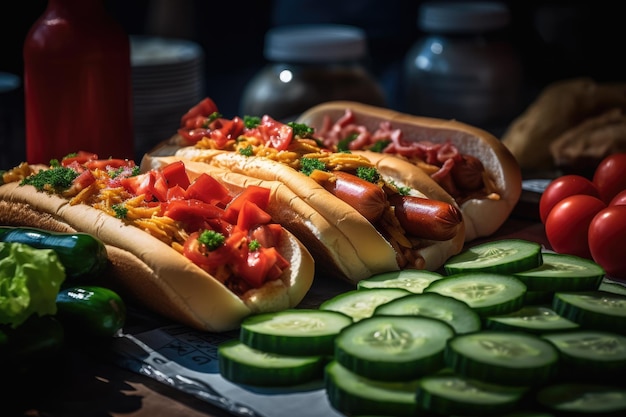 Słodki hot dog z sosami i świeżymi warzywami generatywny IA