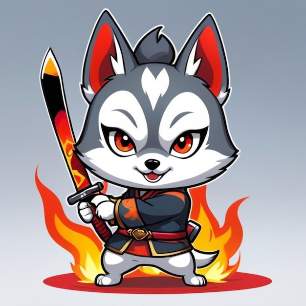 Słodki husky kitsune wojownik trzymający miecz katana przed ogniem