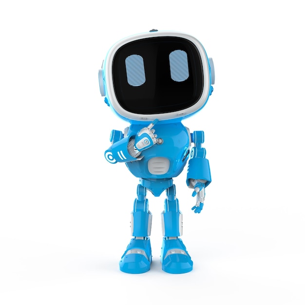 Słodki i mały asystent sztucznej inteligencji robot myśli lub analizuje
