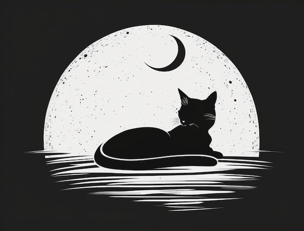 Słodki i niewinny kot zilustrowany w minimalistycznym czarno-białym stylu