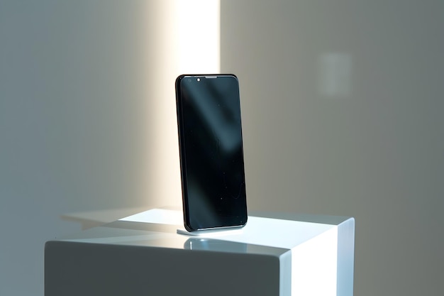 Słodki i nowoczesny smartfon na oświetlonym białym piedestale z błyszczącym czarnym wykończeniem