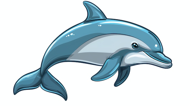Zdjęcie słodki i przyjazny delfin z kreskówki ma duże niebieskie oczy i różowy nos uśmiecha się i wygląda szczęśliwie