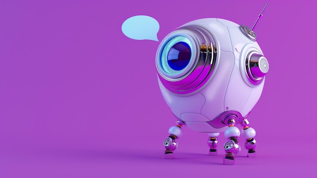 Słodki i przyjazny robot z dużymi oczami i bańką mowy ma białe ciało i fioletowy akcent