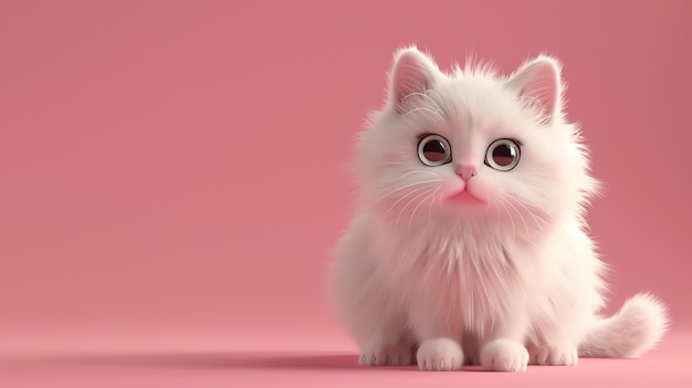 Słodki i przytulny biały kotek siedzi na różowym tle Kotek ma duże zielone oczy i różowy nos