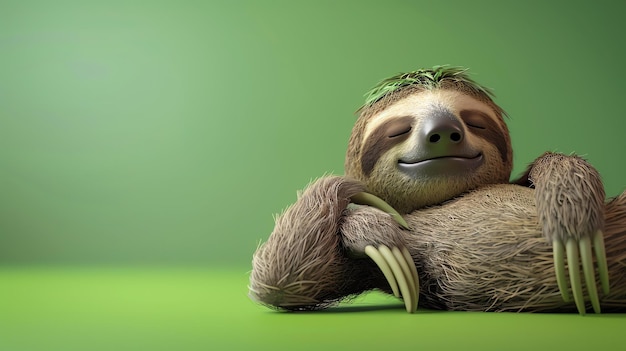 Zdjęcie słodki i przytulny leniwiec drzemie na zielonym tle