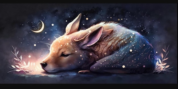 Słodki i uroczy jeleń śpi pod nocnym niebem między poduszkami z gwiazdami