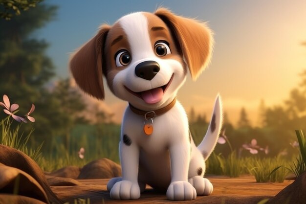 Słodki i uroczy puszysty pies z kreskówek 3D Zabawny i kochany psi towarzysz w świecie kreskówek