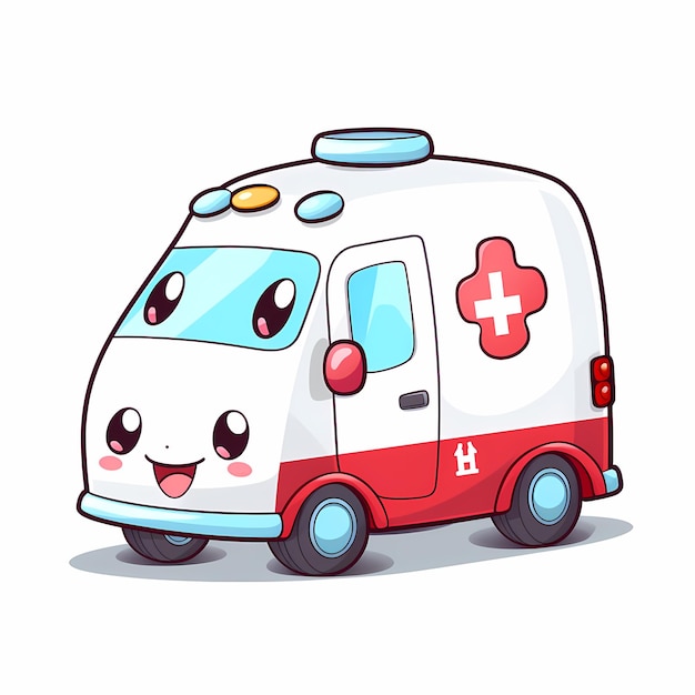Zdjęcie słodki i zabawny kawaii ambulance clipart z czystym białym tłem