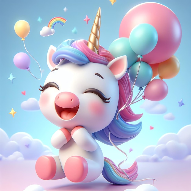 Zdjęcie słodki jednorożec kreskówkowy balon urocza ilustracja tła szczęśliwego urodzin tapeta
