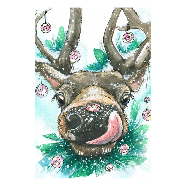 Słodki jeleń ze słodyczami lizaki na śniegu z gałęziami jodły Akwarela zimowa ilustracja Do projektowania i dekoracji pocztówek plakatów Opakowania na akcesoria noworoczne i świąteczne