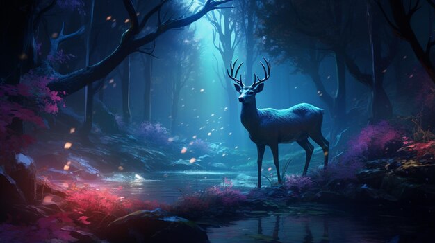 Słodki jelenie przechodzi przez gęsty las neonowe światło tapeta obraz Ai wygenerowany sztuka