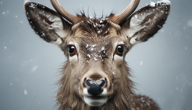 Zdjęcie słodki jelenie w zimowym śniegu patrzące na kamerę na zewnątrz wygenerowaną przez sztuczną inteligencję
